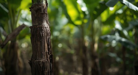 Fototapeta premium Blurred banana trunk with thriving green plant life in a natural scene
