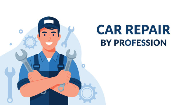 Smiling car mechanic wearing a cap and overalls holding wrenches with car repair by profession text and gear icons in the background.
