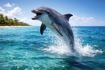 Fototapeta premium Joyful pet dolphin leaping in clear ocean water on a bright sunny day