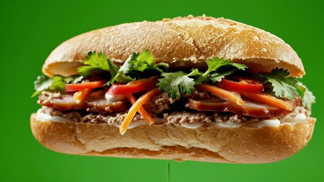 Delicious Banh Mi Sandwich closeup with grilled meat fresh cilantro julienned carrots and red chili slices against a vibrant green studio background in cinematic food commercial lighting