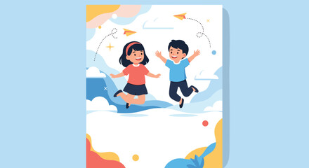 Fototapeta premium Joyful illustration of two children jumping in the sky with paper planes and clouds for a school or summer camp event poster.