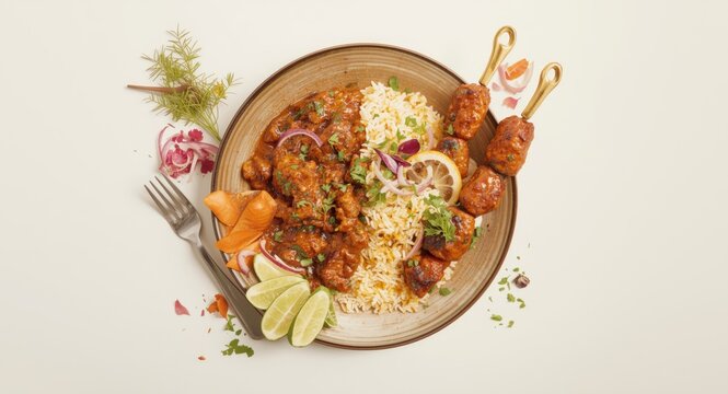 Savory beef biryani and kabab on plain backdrop with copy space for website branding