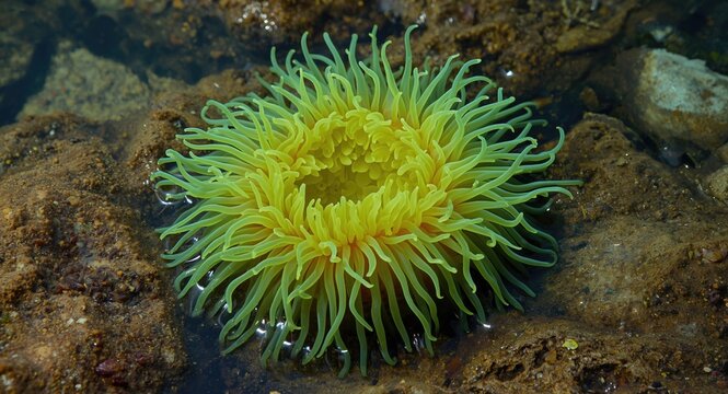 Tidal pool scene featuring a bright green sea anemone with intricate tentacles