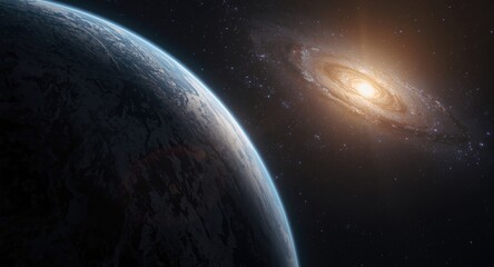 Obraz premium space exploration view of earth next to radiant galaxy