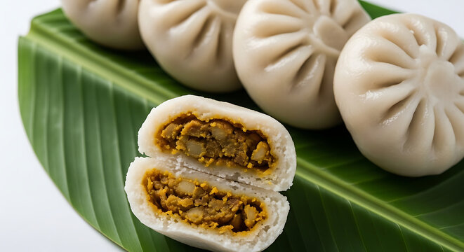 Close Up of Halved Steamed Modak Dumpling Showing Sweet Yellow Lentil and Jaggery Filling, Traditional Indian Festive Kadubu, South Indian Healthy Dessert, Rice Flour Dumpling, Authentic Ganesha Chatu