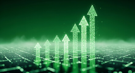 Naklejka premium Green arrows pointing upwards on a digital grid background with glowing effect transparent background