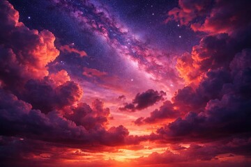 Fototapeta premium A vibrant purple and red sky with fluffy cumulus clouds and a galaxy visible at dusk
