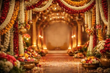 Fototapeta premium Traditional wedding decor with colorful jasmine garlands and copy space for personalization
