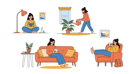 Fototapeta premium Set of illustrations showing a young woman reading a book watering plants and drinking coffee while relaxing at home.