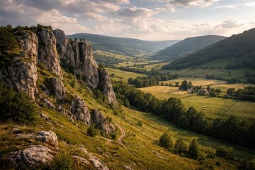 Fototapeta premium Scenic rural landscape with rocky cliffs and open fields