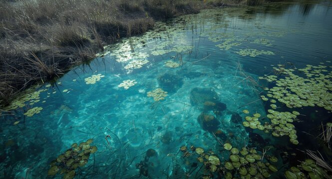 Toxic salt marsh environment with hydrogen sulfide gas turning water blue and killing algae with copy space