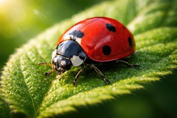 Fototapeta premium close up macro shot of a red ladybird on green leaf