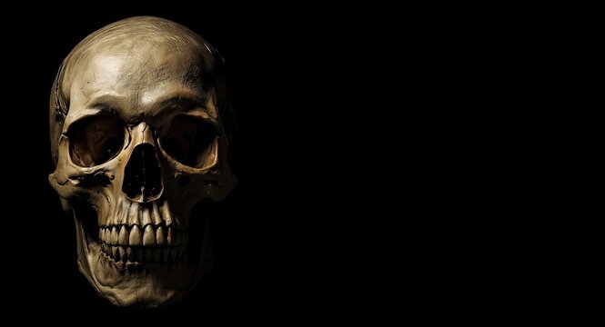 Spooky human skull art showcasing fear of death and immortality on deep black background