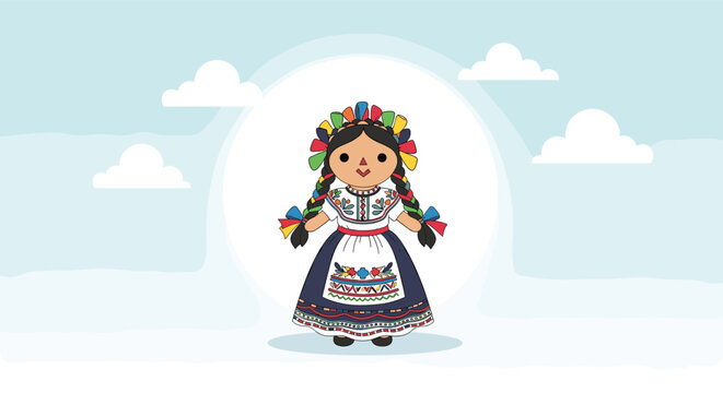 Traditional mexican rag doll with colorful braided hair and embroidered dress against a sunny cloud filled sky.
