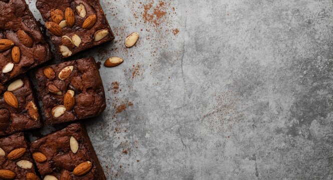 Vintage style photography of brownies with almonds and cocoa powder on a grey ceramic tabletop with copy space for text
