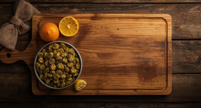 Wooden board with Brazilian Cuscuz meal and empty area for copy space
