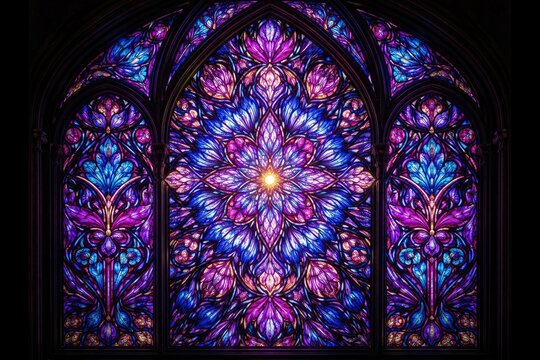Symmetrical stained glass window featuring intricate magenta and electric blue patterns in visual arts
