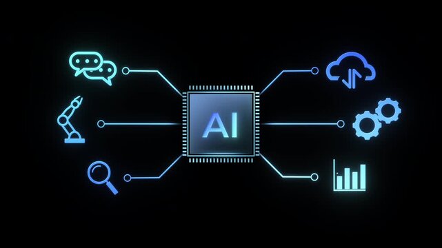 AI chip icon connects to business network systems icon animation loop on black background with alpha matte channel, show AI effects to industry
