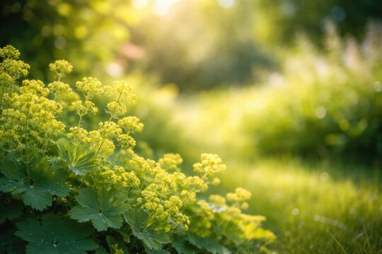 Blurred summer garden with Alchemilla plant featuring green leaves and bright yellow flowers and copyspace