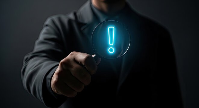 A man in a suit points to a glowing exclamation mark on a digital interface.