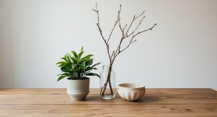 Fototapeta premium Wood table arranged with a lively potted plant, combined with bowls and a slender twig vase centerpiece