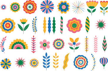 Fototapeta premium Retro folk art floral elements, 32 colorful vector flower icons and botanical leaves, vintage scandinavian style nature set for pattern design