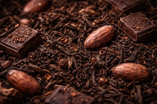 Close-up view of chocolate flavored shu pu erh tea leaves with cocoa beans