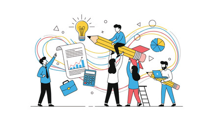 Fototapeta premium Team of creative professionals collaborating on a project with giant pencils a rocket and various business data icons.