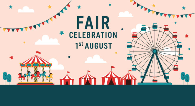 Festive amusement park scene with a large ferris wheel colorful carousel circus tents and decorative bunting.