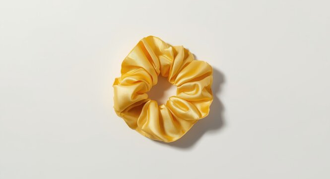 Top view of satin silk yellow scrunchie hair tie on minimalist white surface