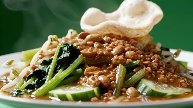 Delicious Madiun Pecel Salad Featuring Fresh Vegetables Peanut Sauce and Crispy Cracker in a Studio Food Commercial Setting
