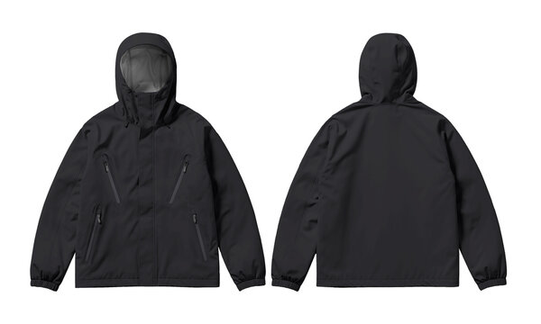 Outdoor front and back views of a black hooded jacket perfect for adventures.
