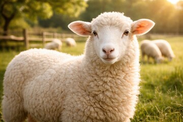 Obraz premium Gentle white sheep with soft fur in a peaceful farm environment