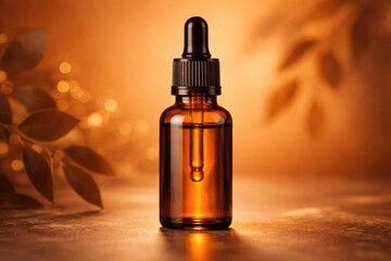Naklejka premium Skincare dropper bottle with brown glass on warm orange backdrop for cosmetic branding