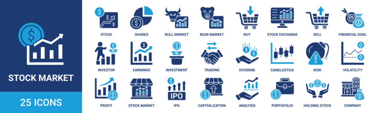 Stock market icon set. Containing stock, shares, bull market, bear market, buy, exchange, sell, financial, investor and more. Solid vector icons collection.