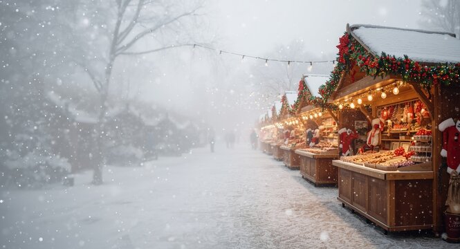 Animated seasonal market with multicolored decorations and winter snow flurries