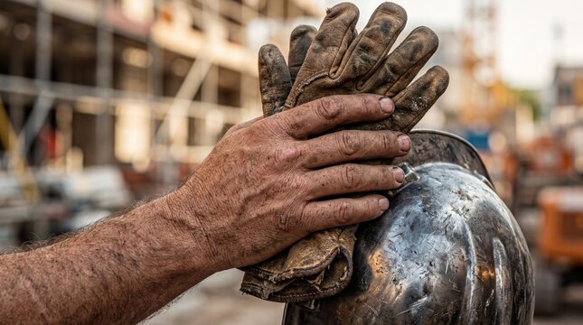 Dirty hand of a construction worker wearing a grimy leather glove resting on a reflective hard hat at a busy building site with blurred background structures