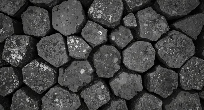 Top view of natural hexagonal basalt column structures captured in monochrome