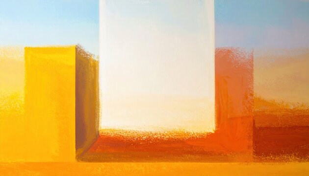 Peinture abstraite minimaliste avec des blocs de couleurs jaune et orange sous un ciel bleu clair, cr&eacute;ant une composition g&eacute;om&eacute;trique moderne et sereine.