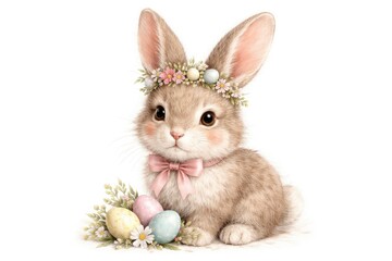 Obraz premium Cute Easter Bunny with Floral Crown and Colored Eggs on White Background