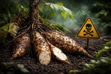 Fototapeta premium Tuber Plant With Cautionary Toxic Signs in Dark Soil Setting