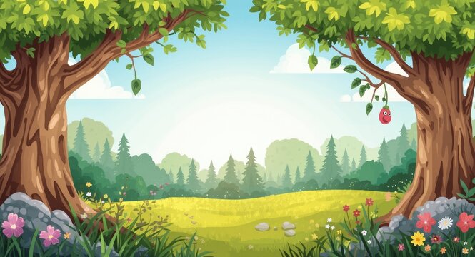 Storybook style forest scene with fanciful trees and a lively cartoon look