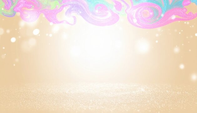Arri&egrave;re-plan abstrait pr&eacute;sentant un sol beige scintillant avec des lumi&egrave;res bokeh et une bordure de nuages pastel color&eacute;s pour un design f&eacute;erique.