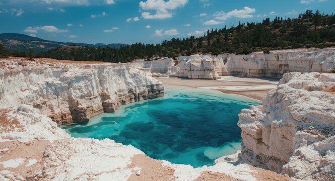 Scenic mountain landscape featuring white calcite cliffs and crystal blue pools