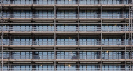 Obraz premium Modern glass window facade with visible scaffolding on a high rise building site