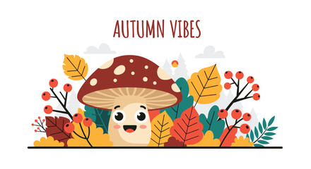 Fototapeta premium Charming autumn vibes illustration with a cute mushroom character peeking through a forest of colorful fallen leaves and berries.