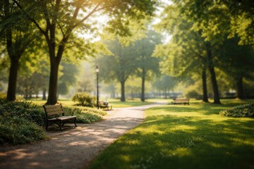 Fototapeta premium Calm outdoor park scene with defocused trees and soft natural light
