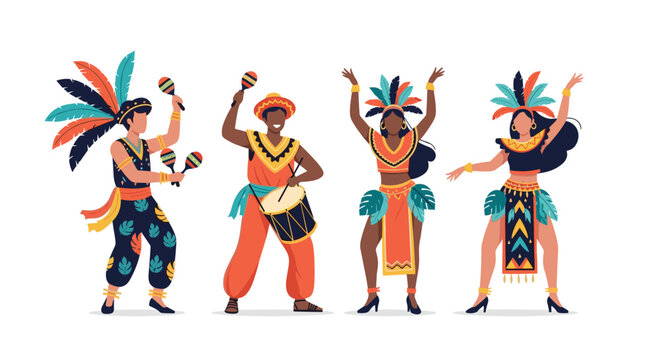 Group of carnival dancers in colorful traditional costumes with feathers and instruments performing a joyful parade dance together.