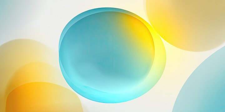 Abstract image of overlapping translucent spheres with gradient colors of yellow, blue, and white