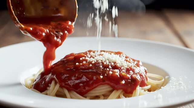 A ladle pours rich red sauce over a steaming pile of spaghetti on a white plate